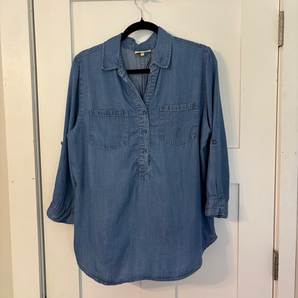 Hester & Orchard Womens Blue Tencel Chambray Roll Tab Sleeve Tunic Top Soft Sz M